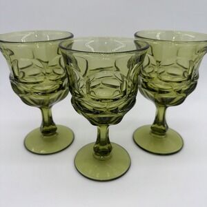 Fostoria Argus Green 6 1/2" Tall Water Wine Goblets (3) w/Stem Vintage 1970s